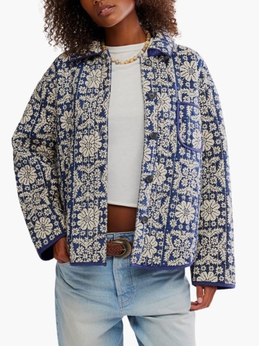 Free People Alexie Print Boxy Quilted Jacket Peacoat Navy Cream, XL